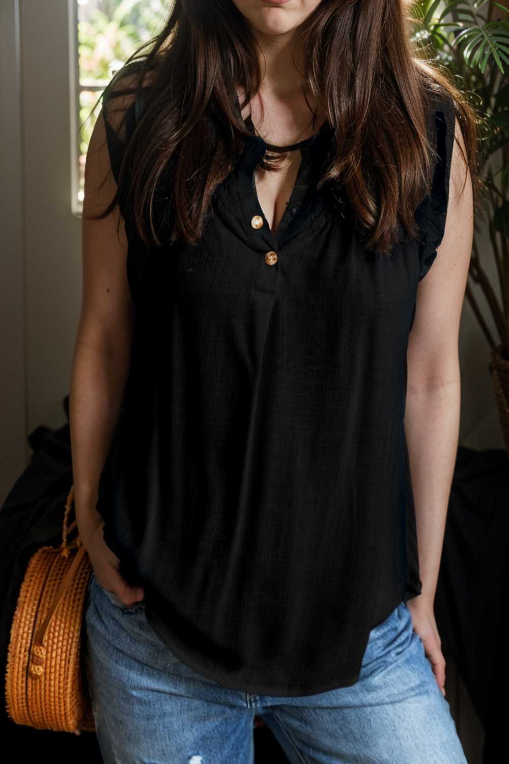 chic black ruffle trim v neck tank top