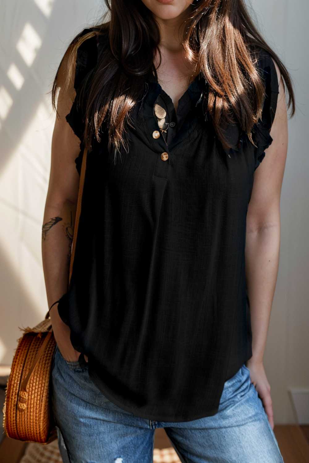 chic black ruffle trim v neck tank top