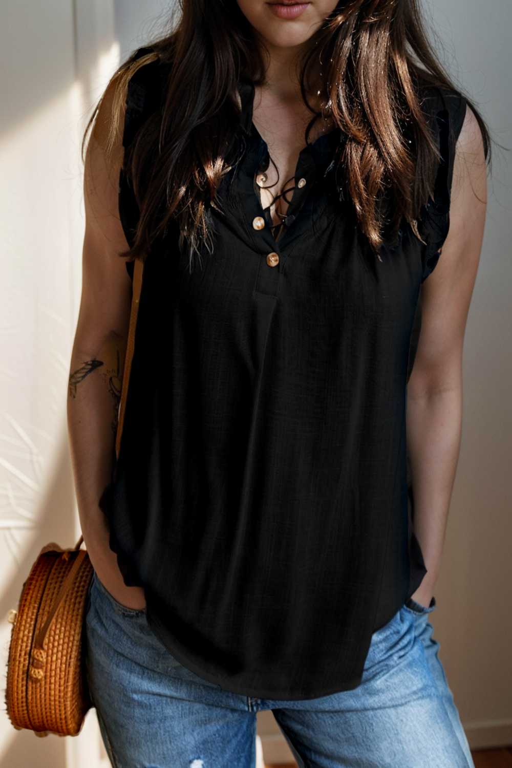chic black ruffle trim v neck tank top