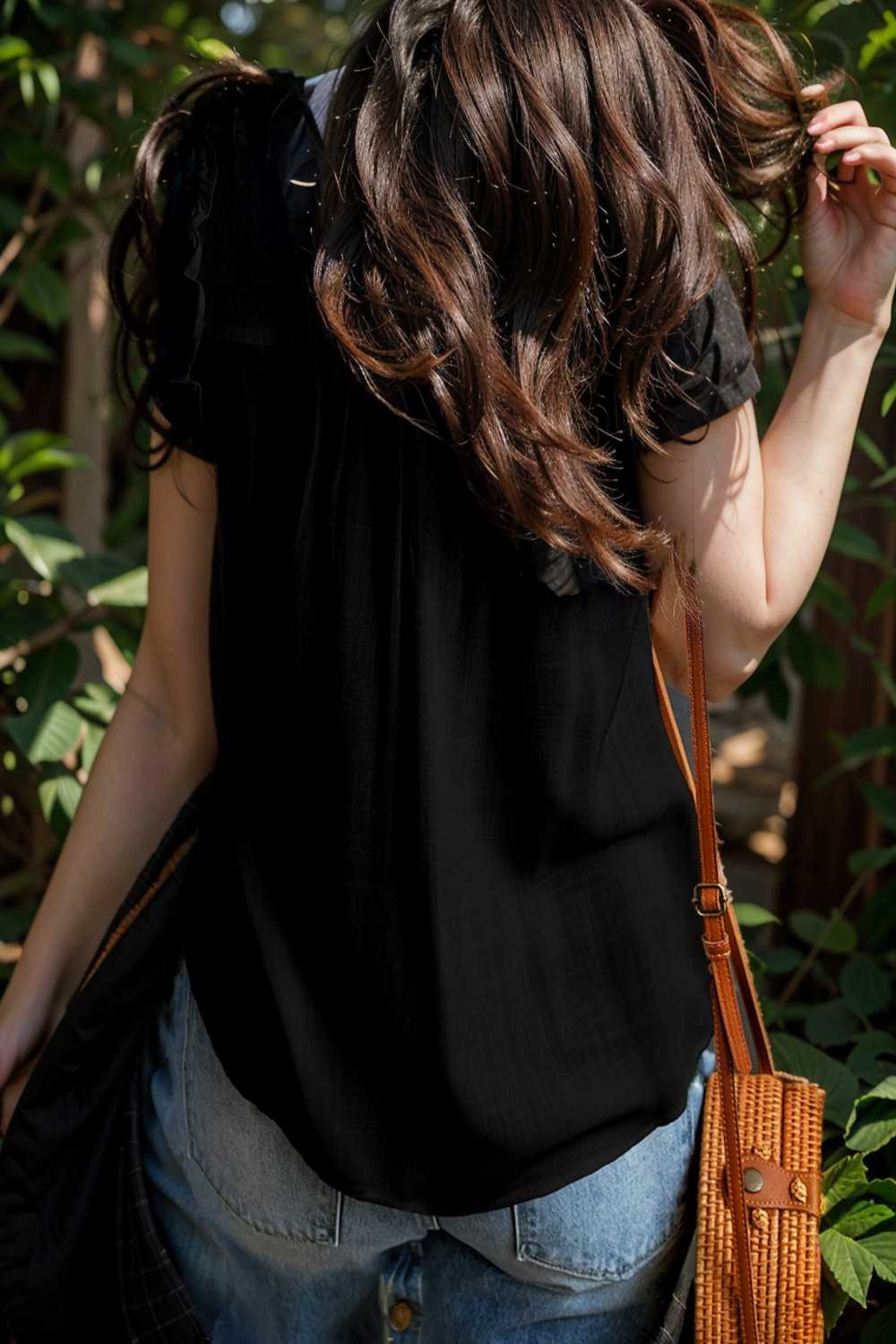 chic black ruffle trim v neck tank top
