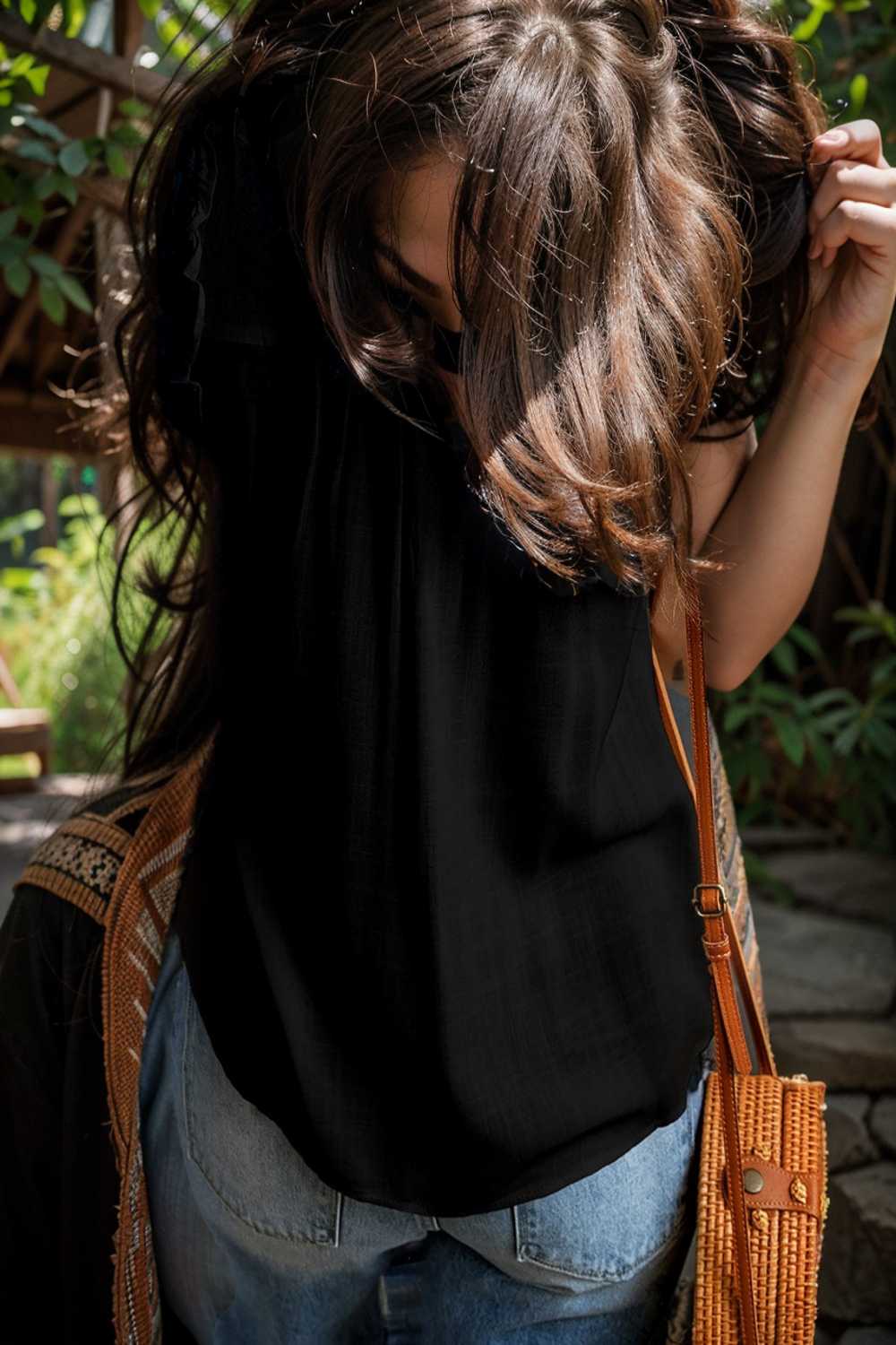 chic black ruffle trim v neck tank top