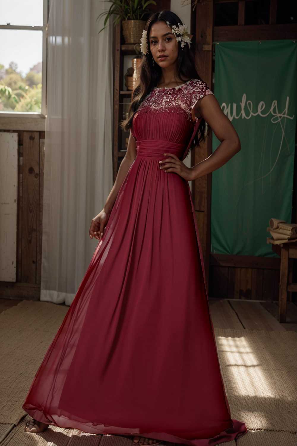chic cap sleeve lace maxi chiffon bridesmaid gown