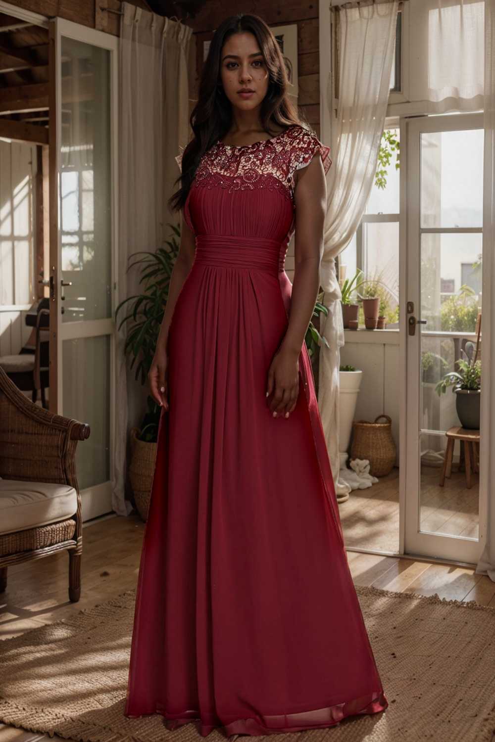 chic cap sleeve lace maxi chiffon bridesmaid gown