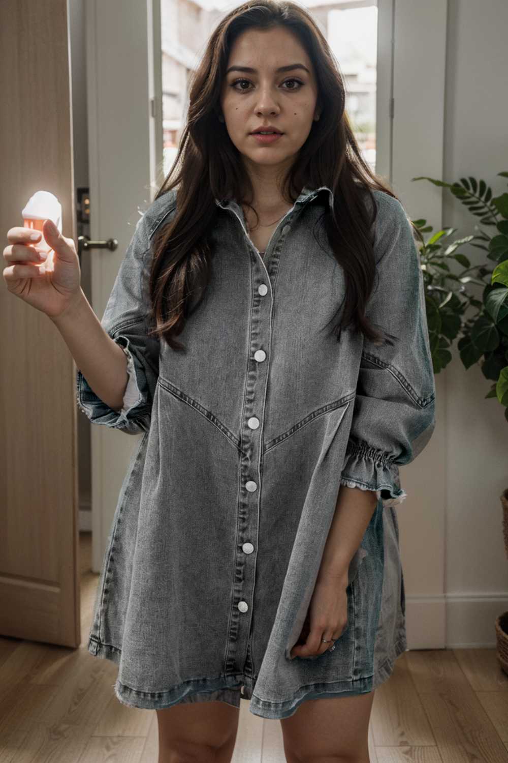 chic gray denim mini dress with button detail