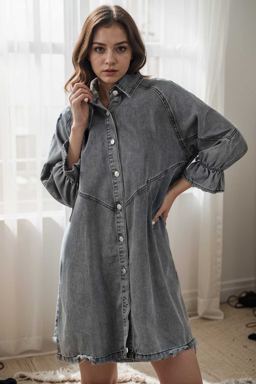 chic gray denim mini dress with button detail