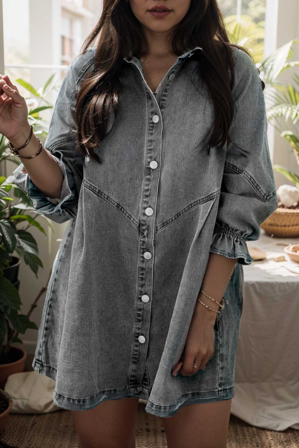 chic gray denim mini dress with button detail