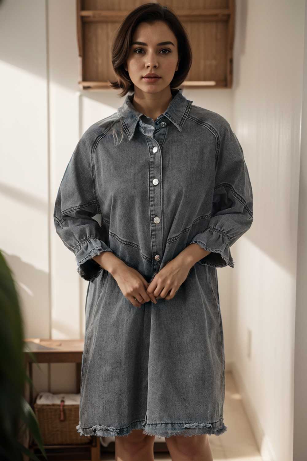 chic gray denim mini dress with button detail