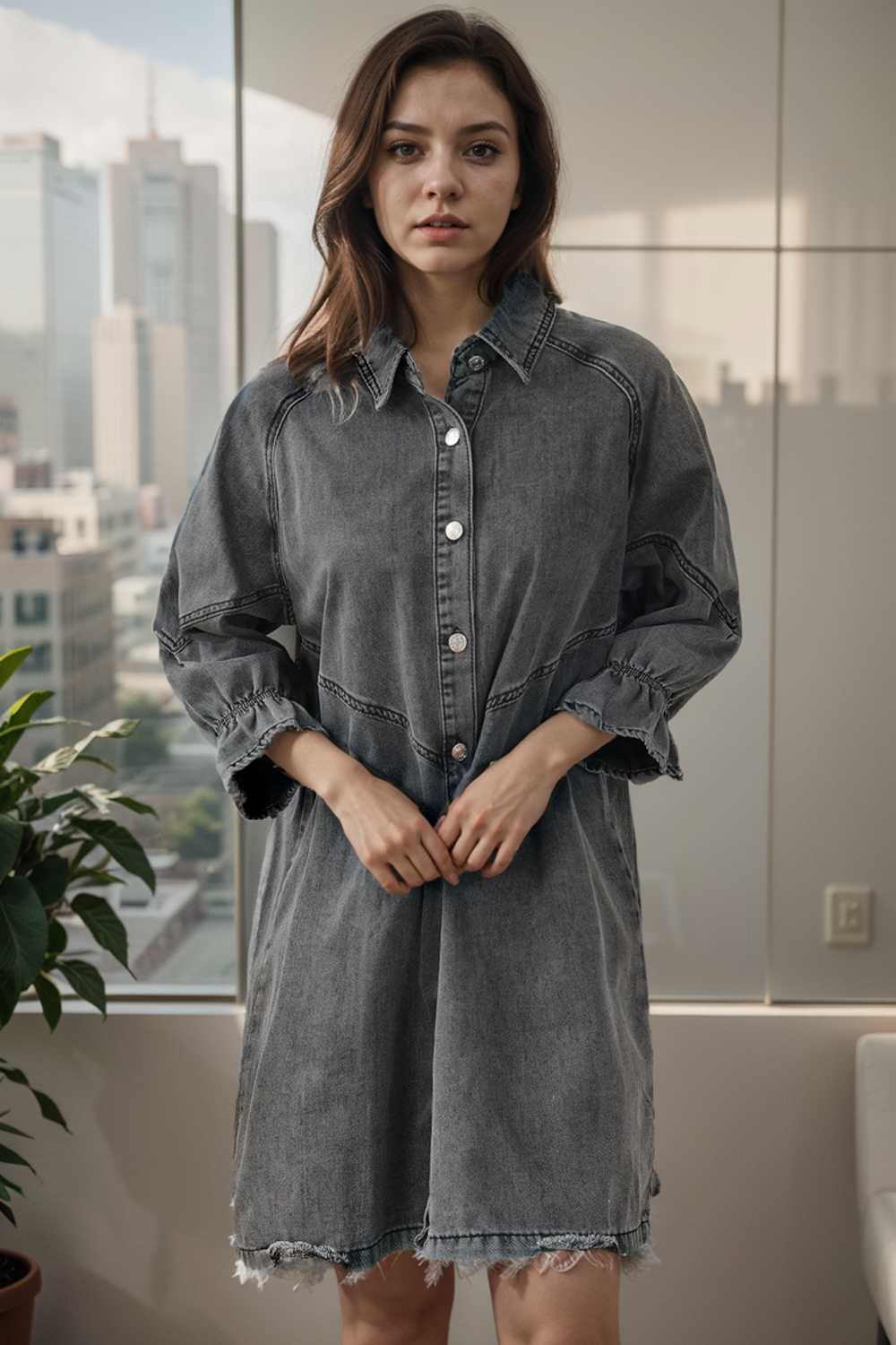 chic gray denim mini dress with button detail