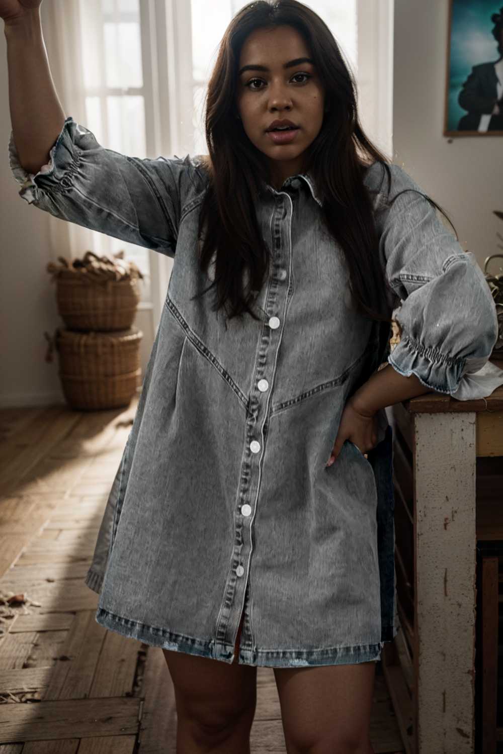 chic gray denim mini dress with button detail