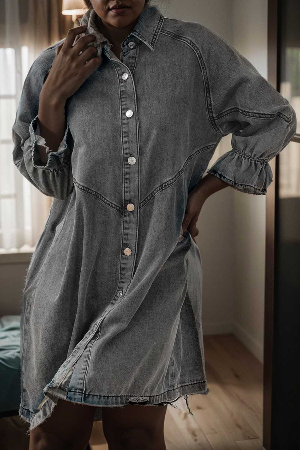 chic gray denim mini dress with button detail
