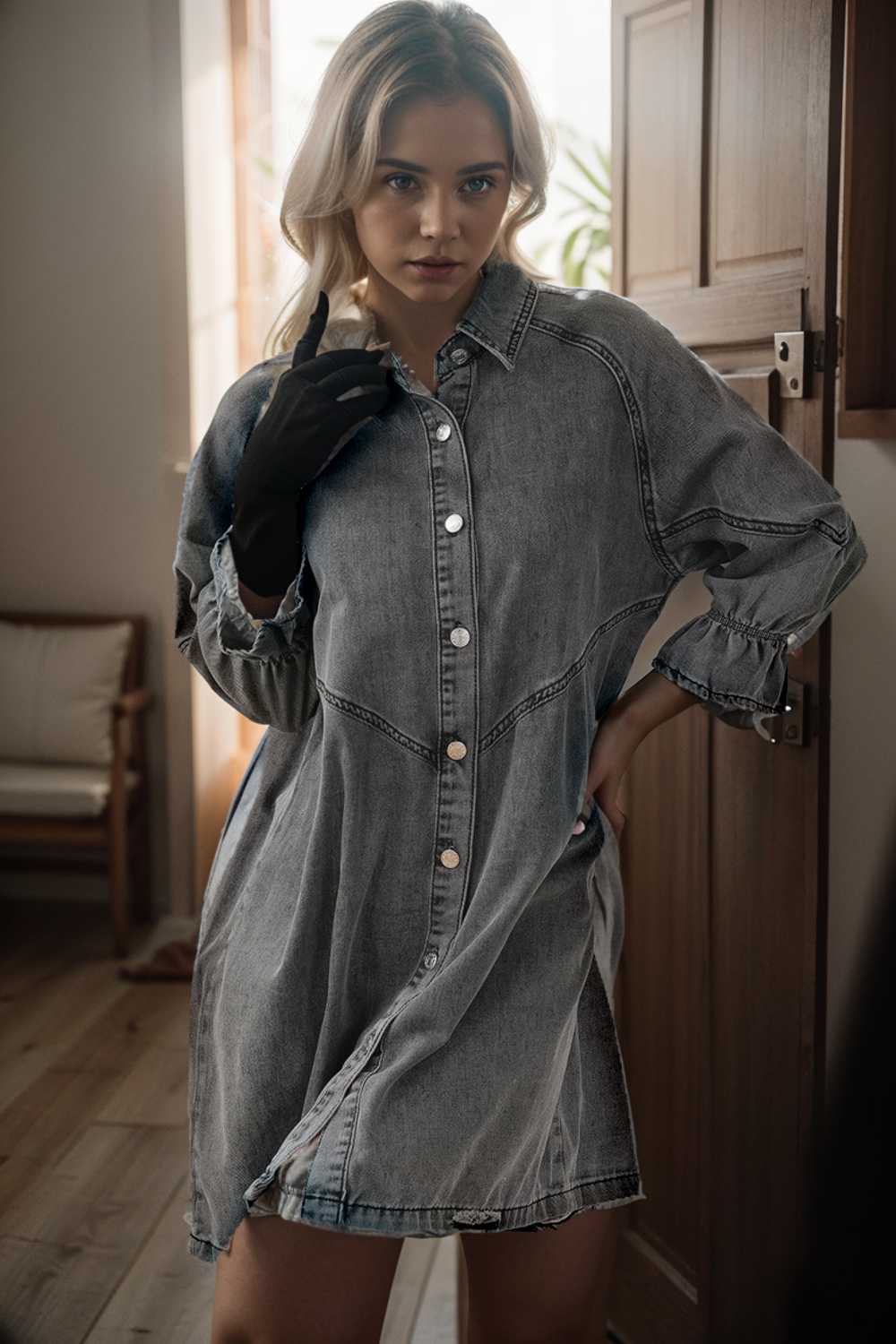 chic gray denim mini dress with button detail