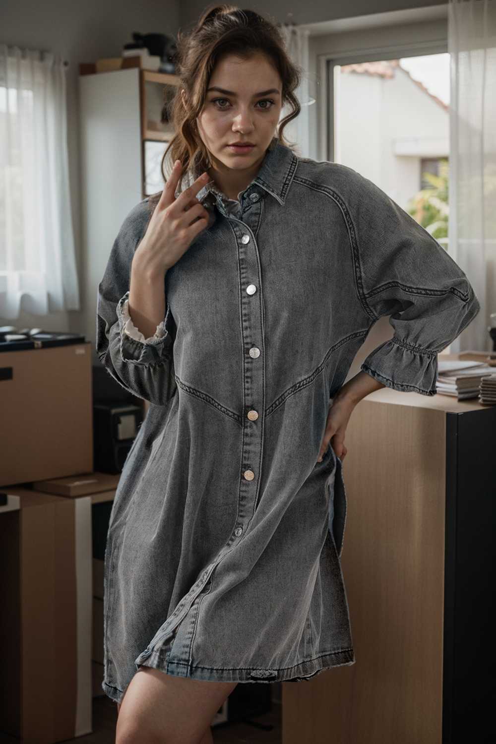 chic gray denim mini dress with button detail