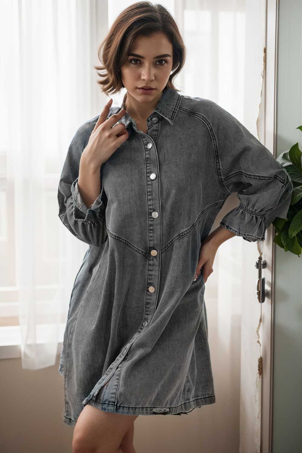 chic gray denim mini dress with button detail