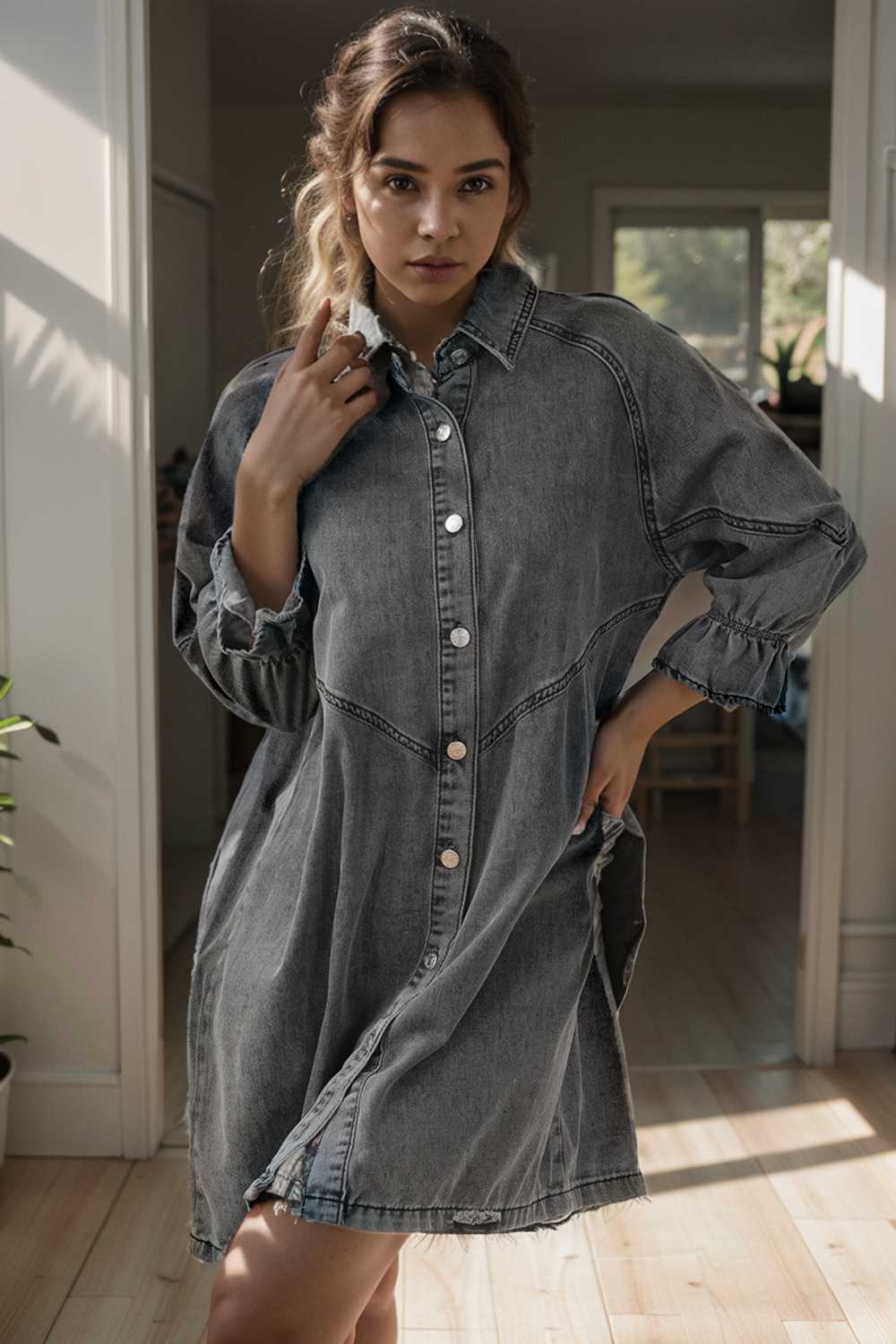 chic gray denim mini dress with button detail