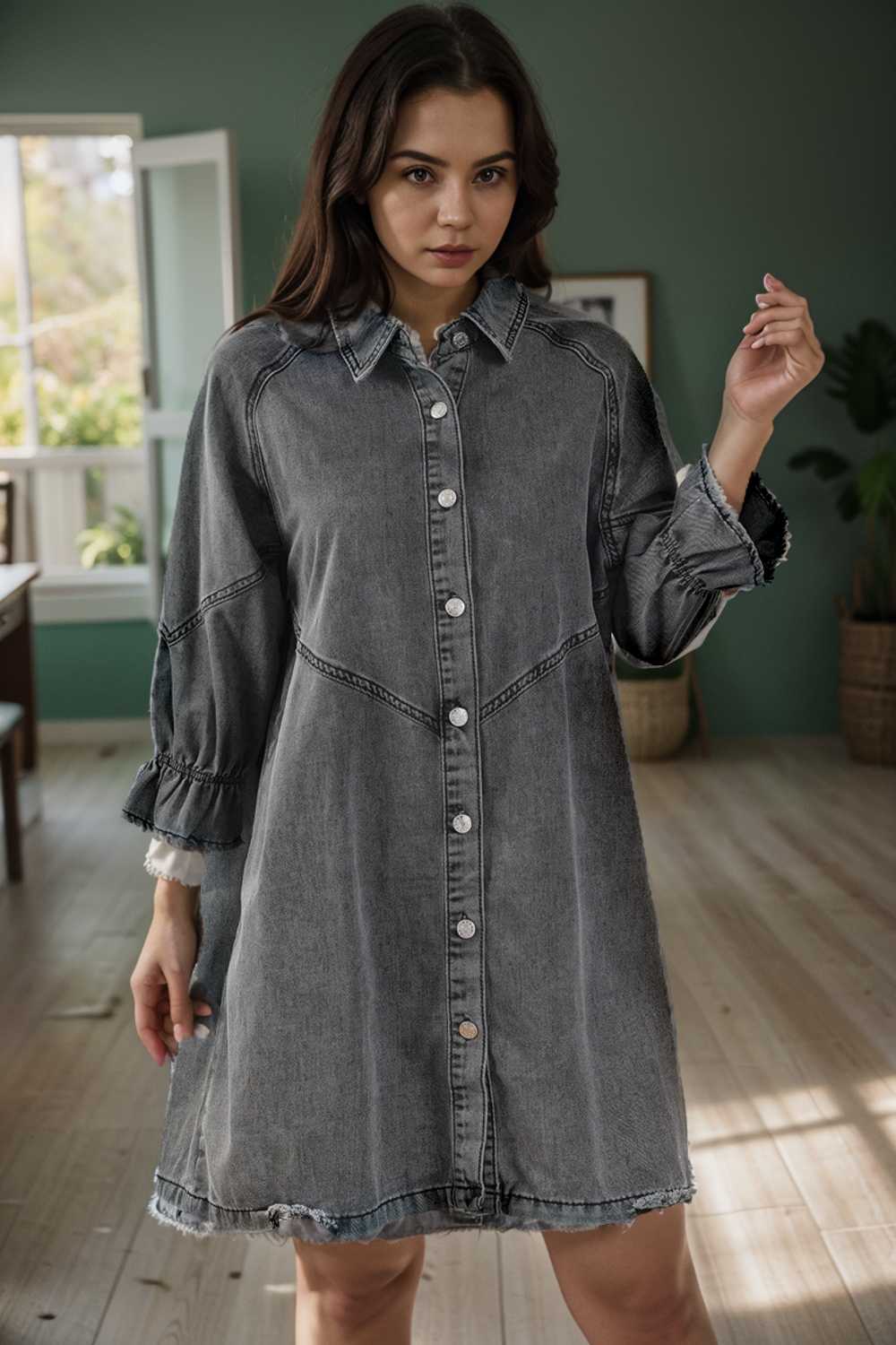 chic gray denim mini dress with button detail