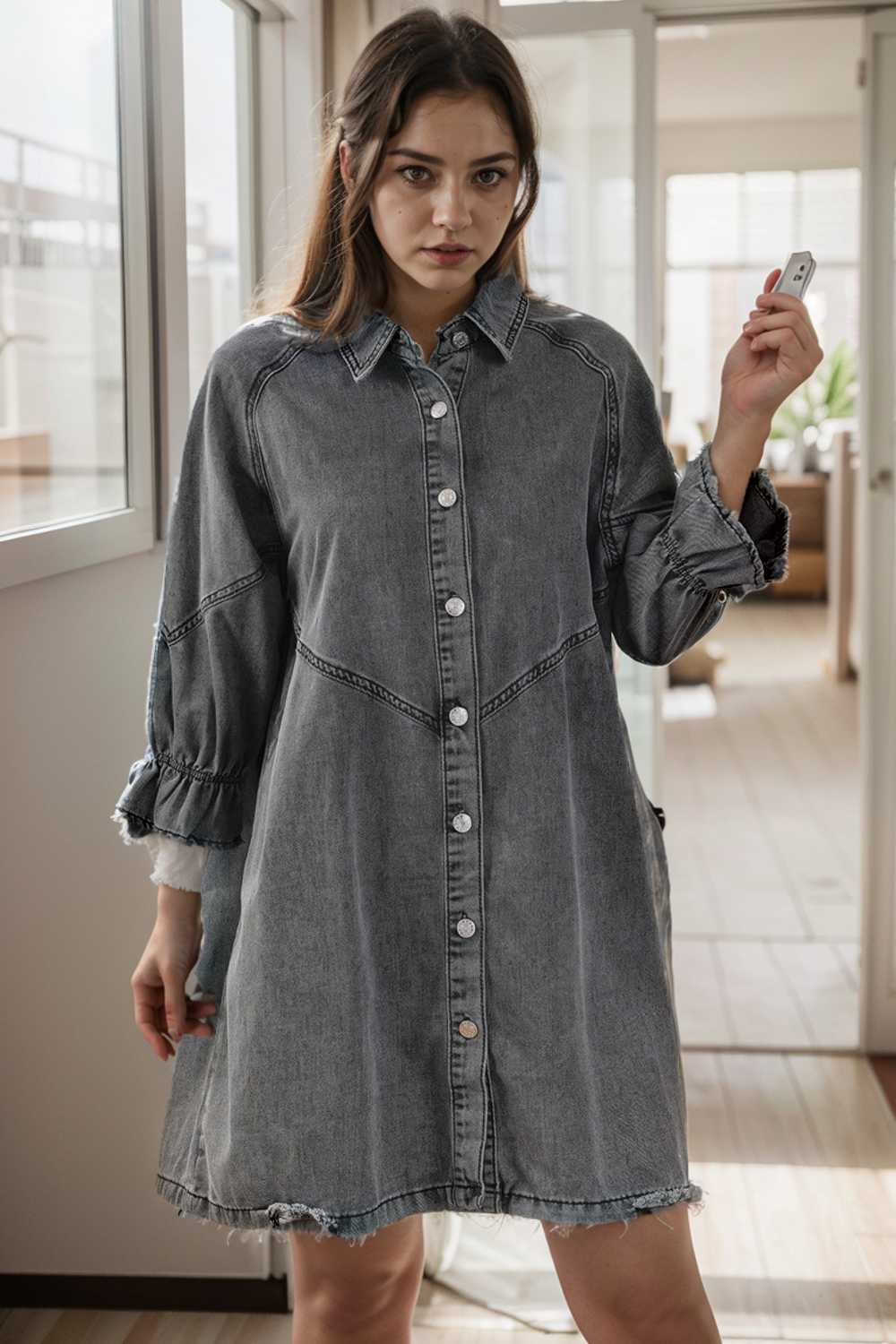 chic gray denim mini dress with button detail
