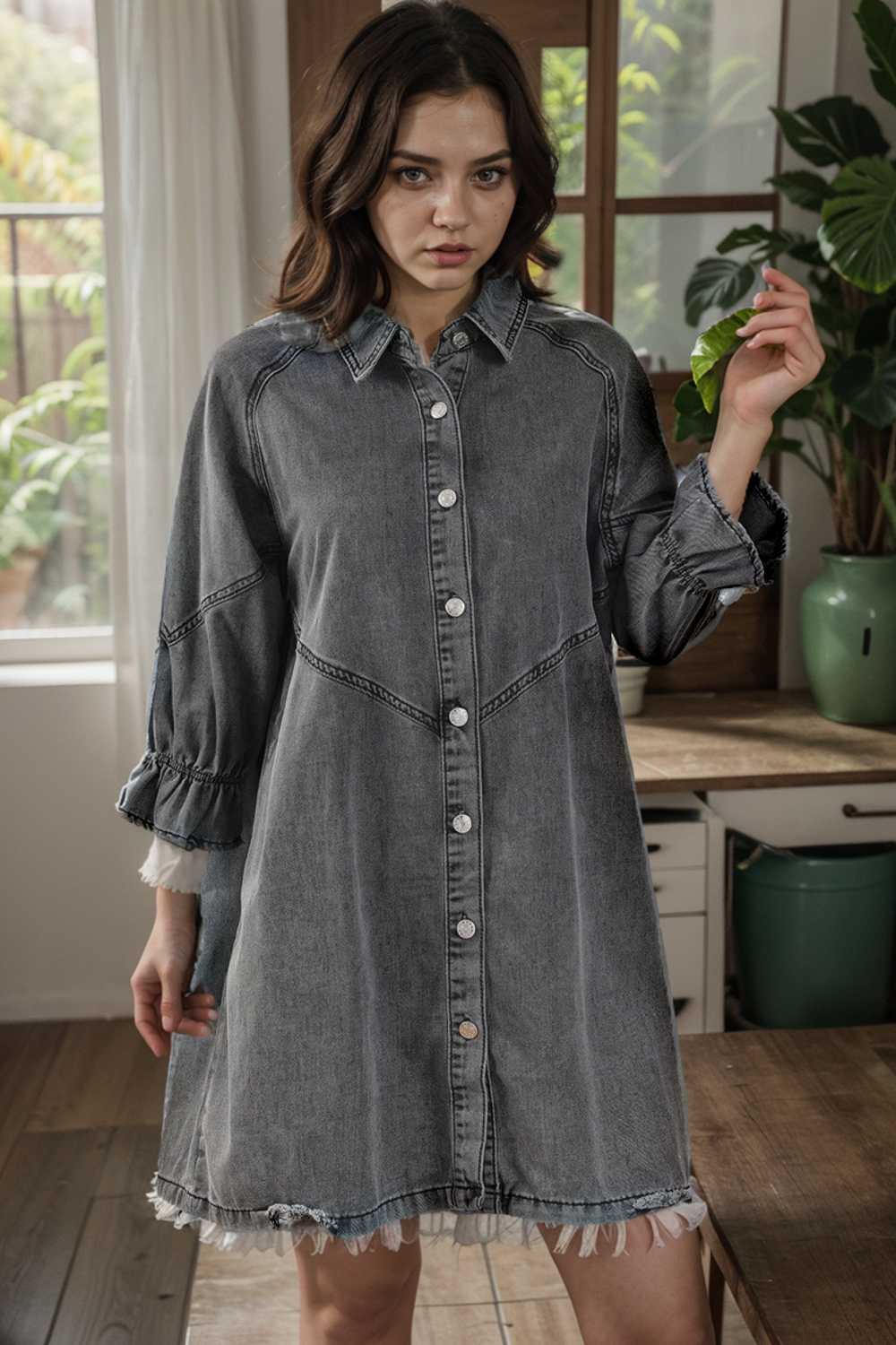 chic gray denim mini dress with button detail
