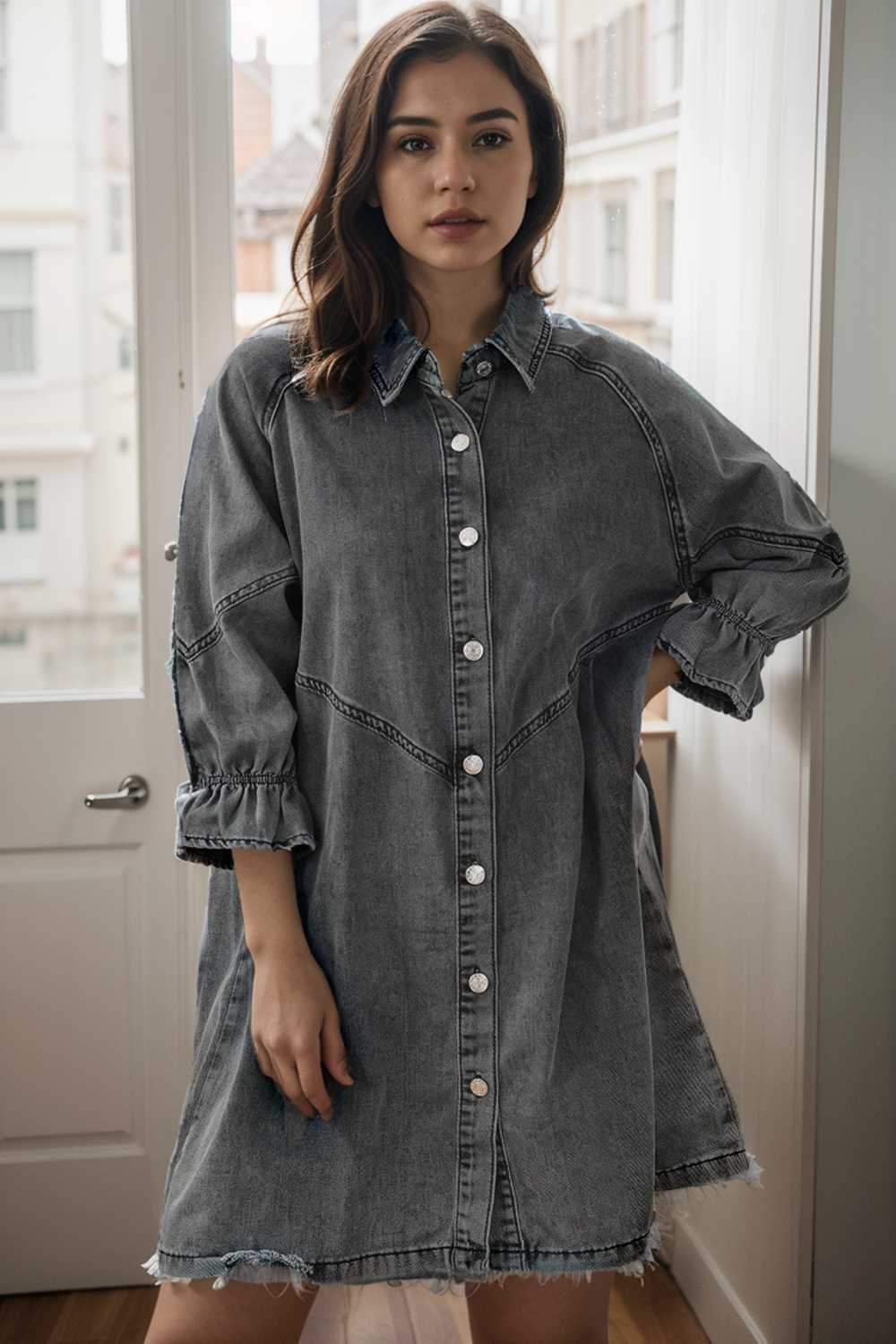 chic gray denim mini dress with button detail