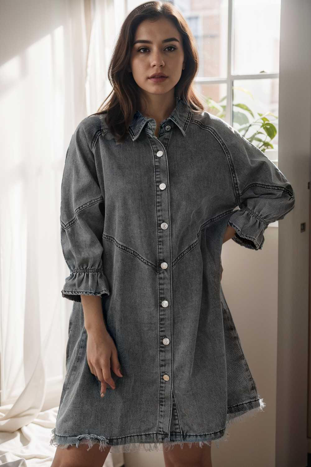 chic gray denim mini dress with button detail