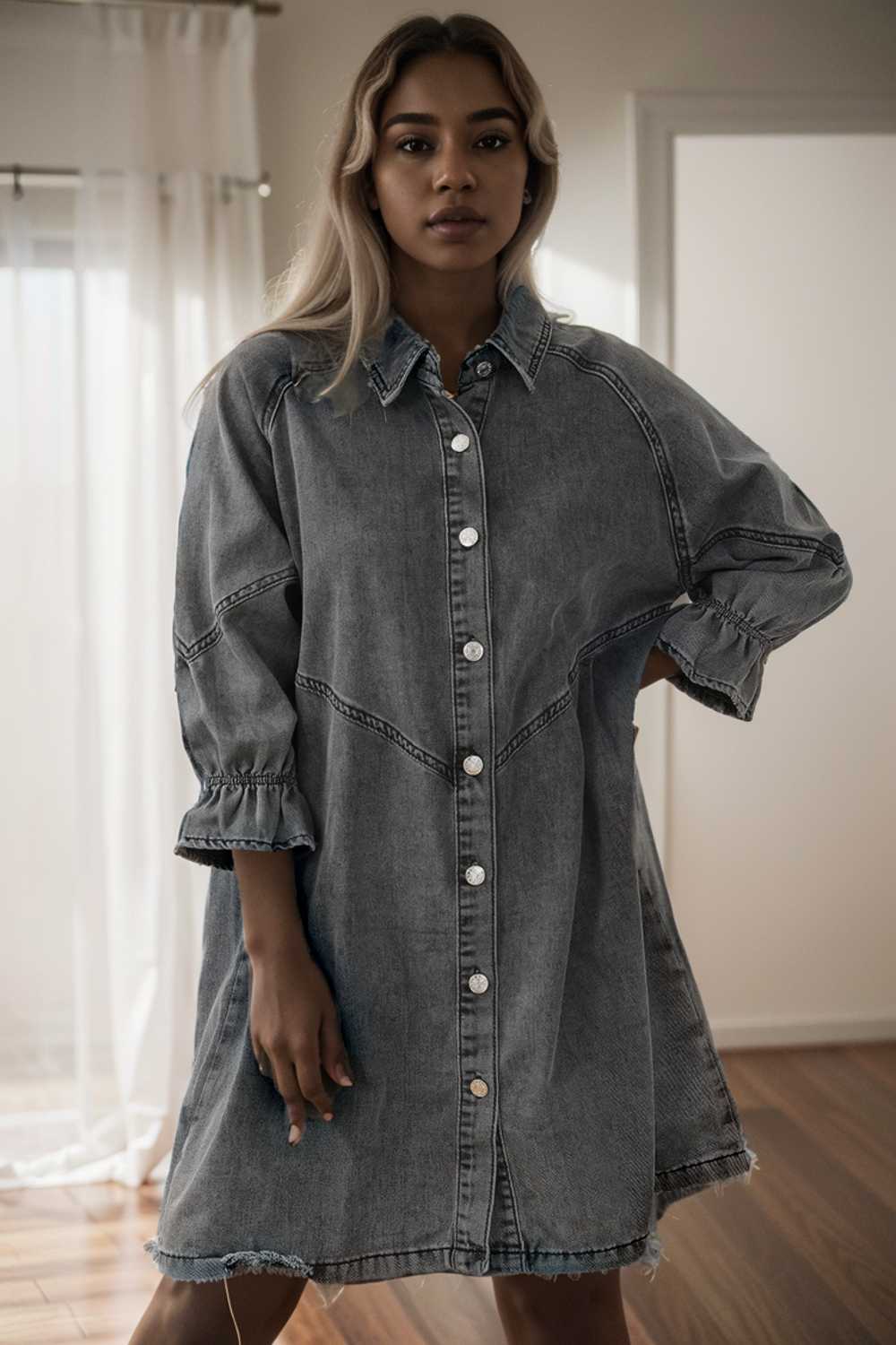 chic gray denim mini dress with button detail