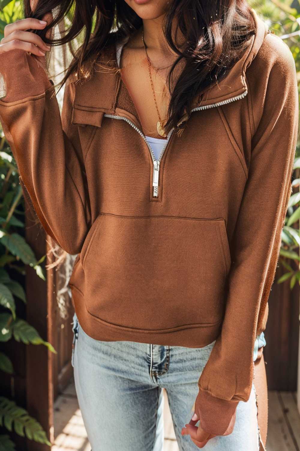 cozy brown hoodie with kangaroo pocket and quarter zip