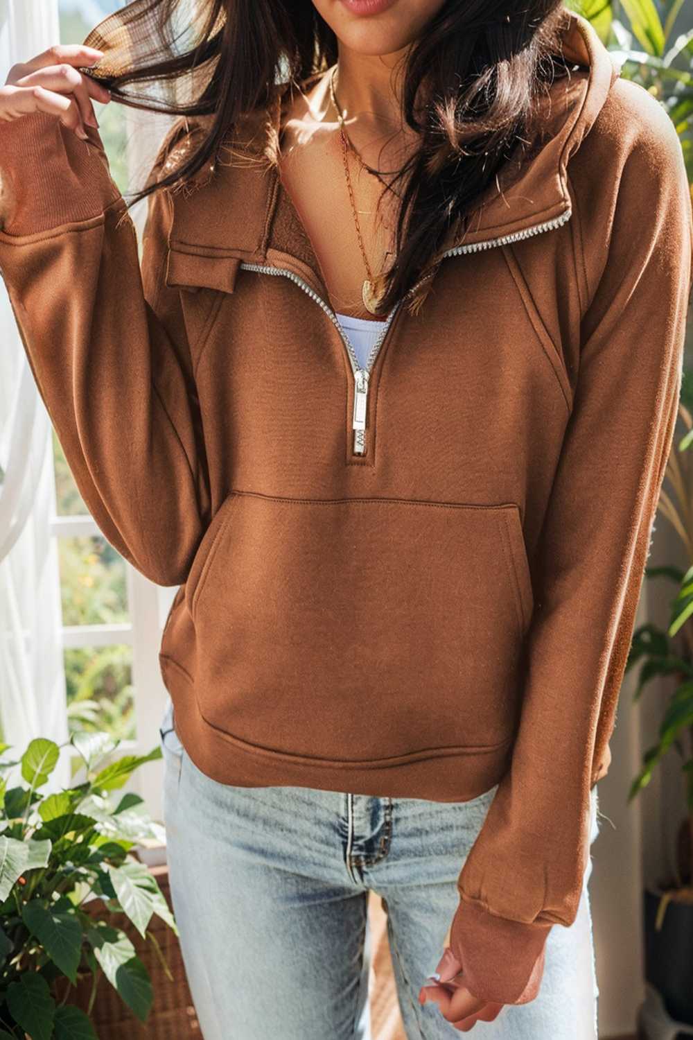 cozy brown hoodie with kangaroo pocket and quarter zip