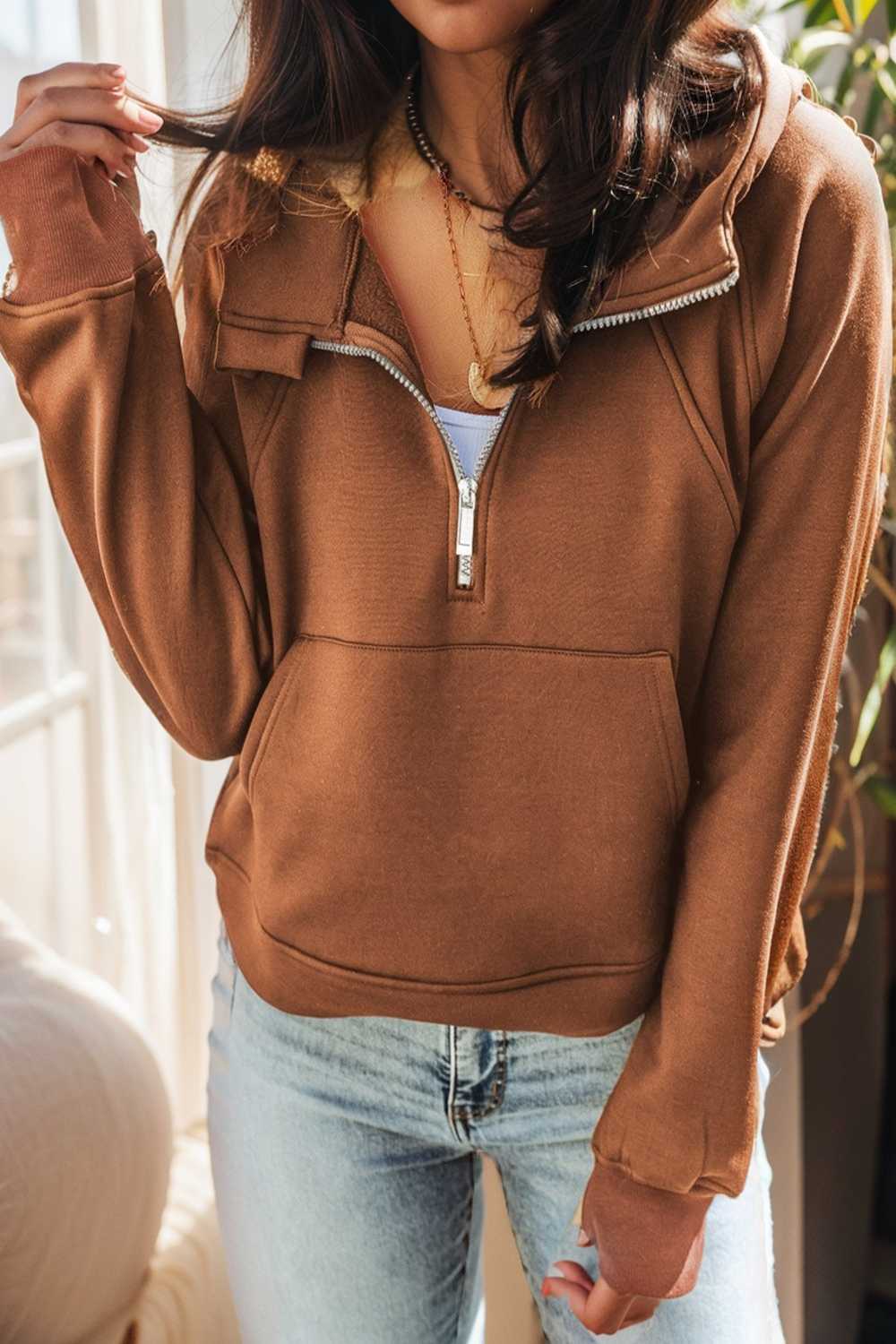 cozy brown hoodie with kangaroo pocket and quarter zip