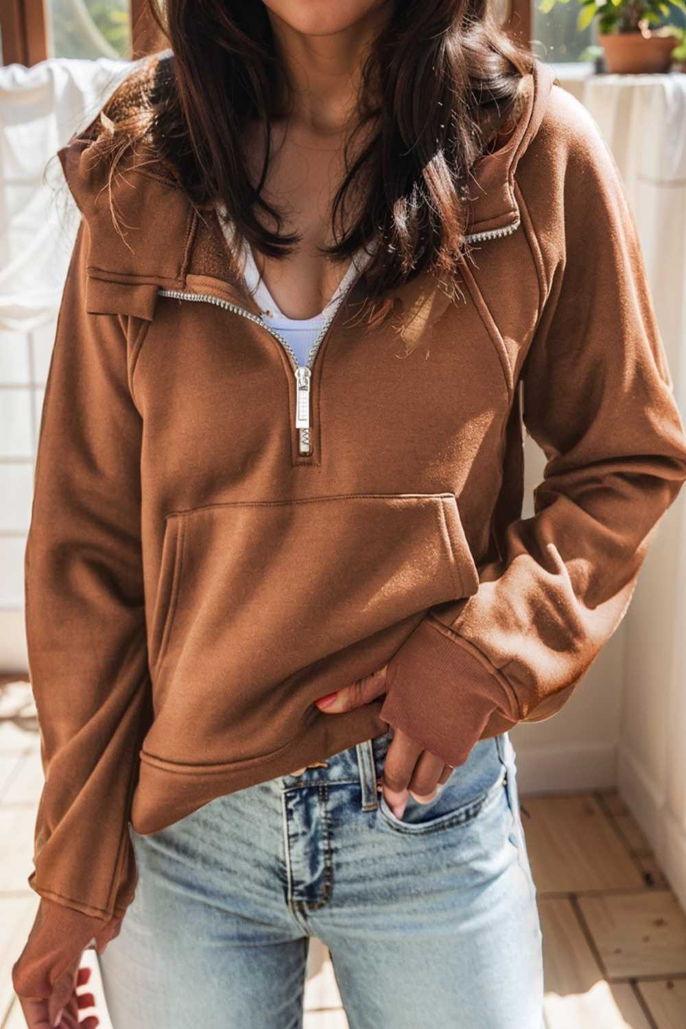cozy brown hoodie with kangaroo pocket and quarter zip