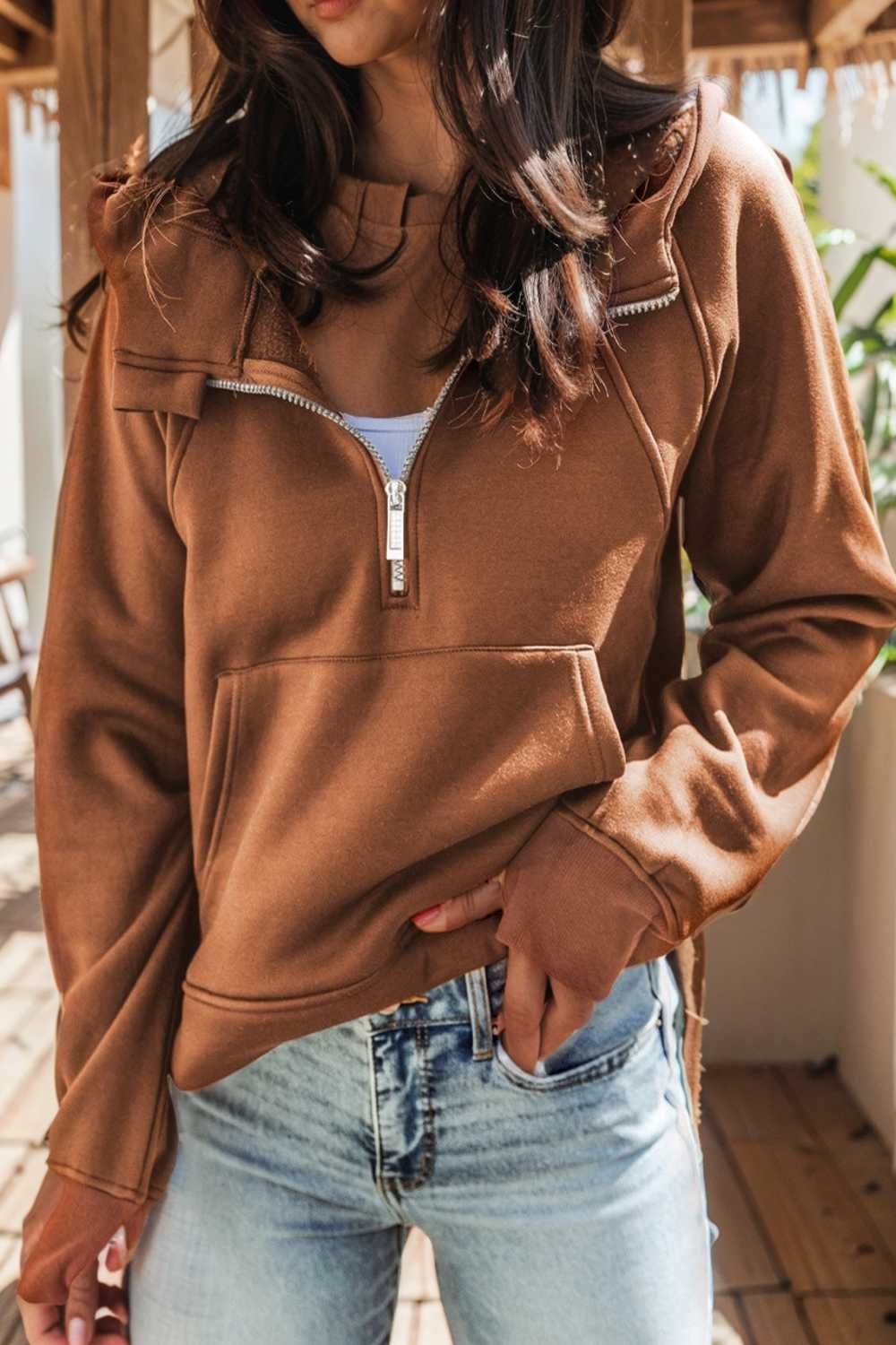 cozy brown hoodie with kangaroo pocket and quarter zip