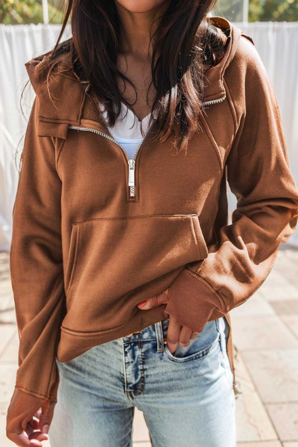 cozy brown hoodie with kangaroo pocket and quarter zip
