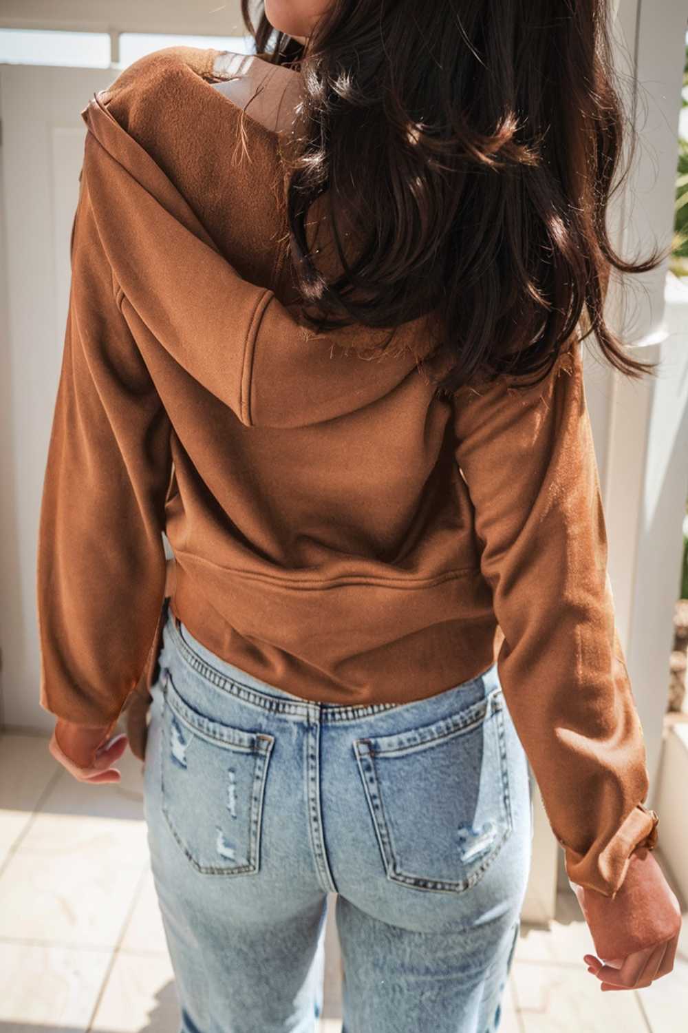 cozy brown hoodie with kangaroo pocket and quarter zip