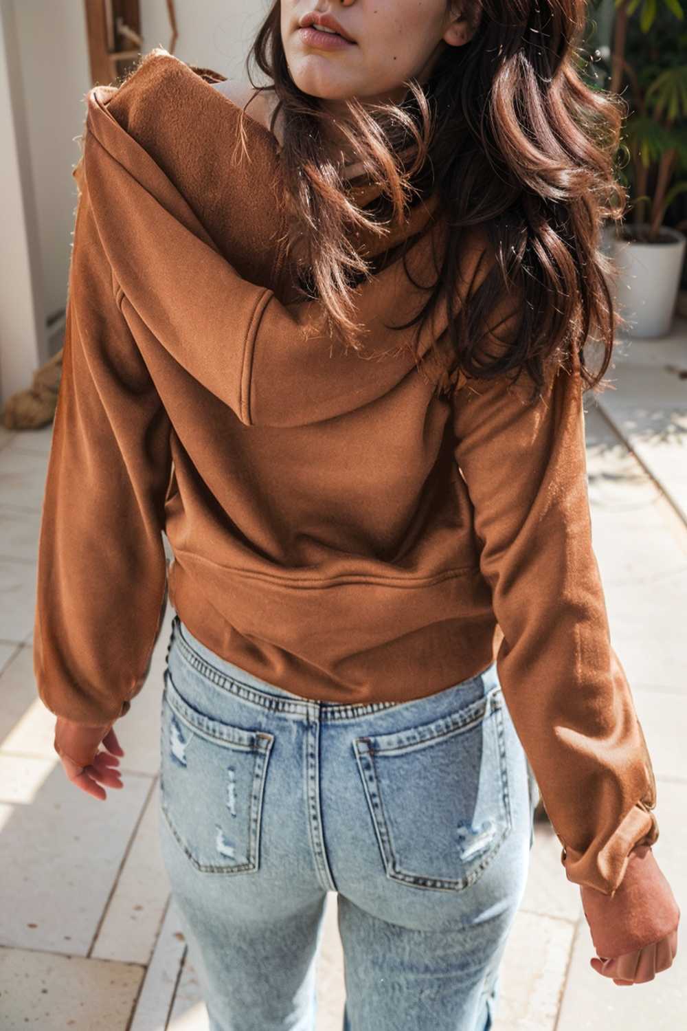 cozy brown hoodie with kangaroo pocket and quarter zip
