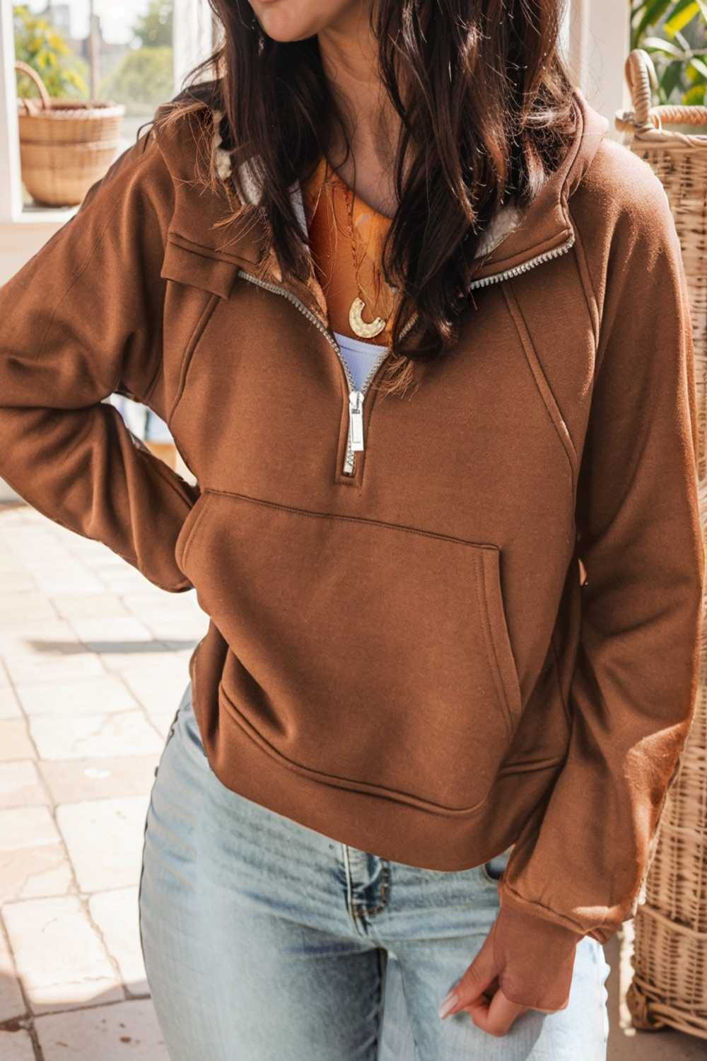 cozy brown hoodie with kangaroo pocket and quarter zip