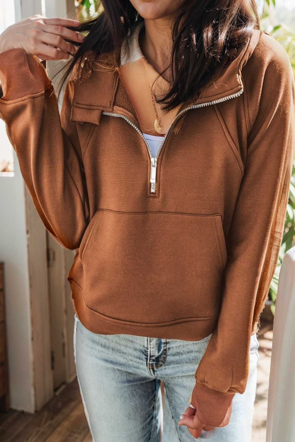 cozy brown hoodie with kangaroo pocket and quarter zip