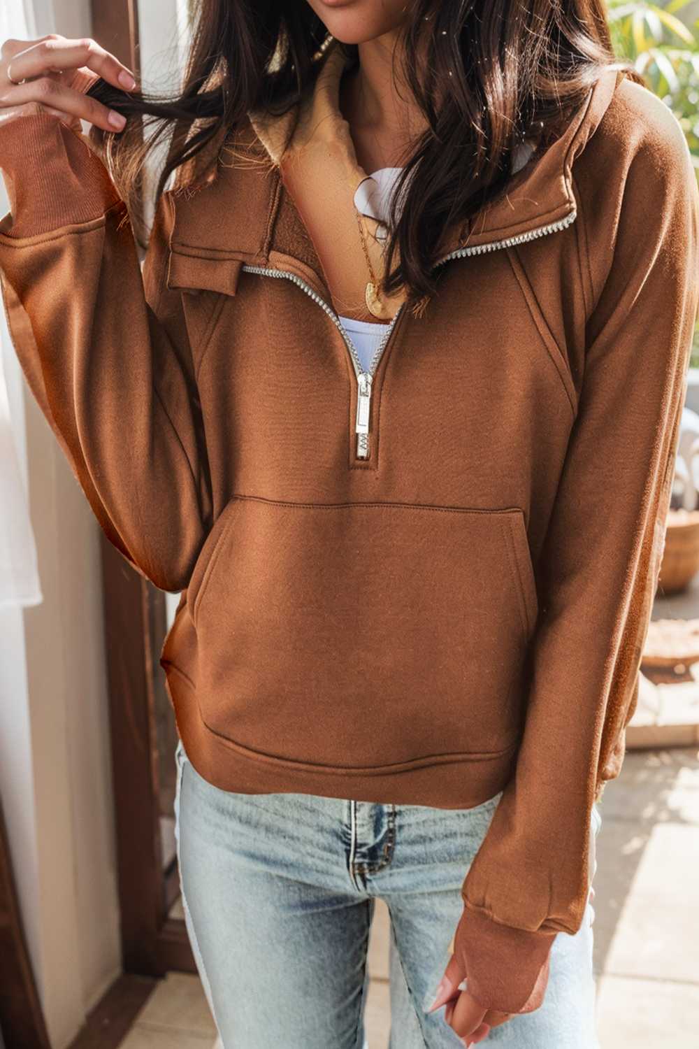 cozy brown hoodie with kangaroo pocket and quarter zip