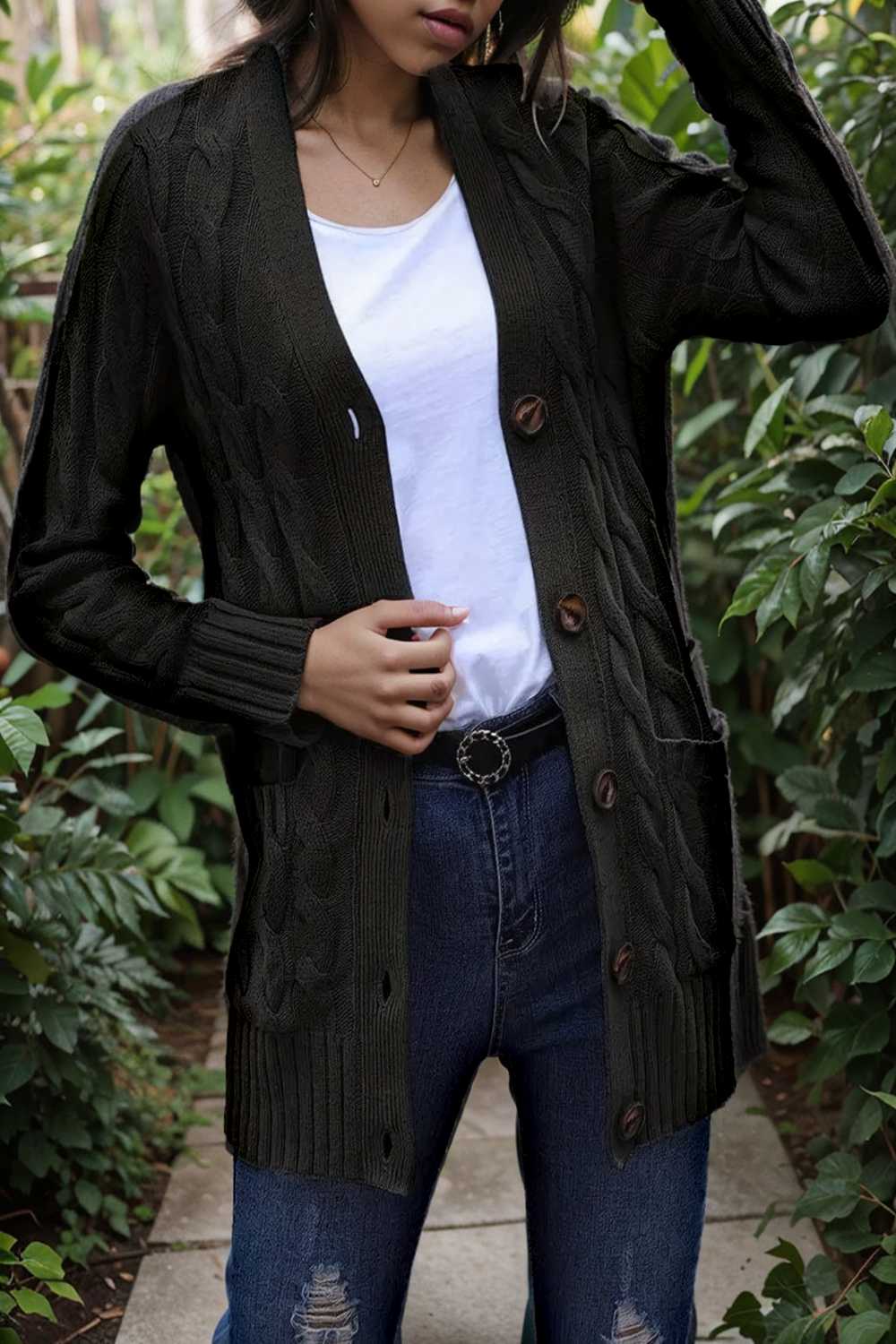 cozy cable knit button front long sleeve cardigan
