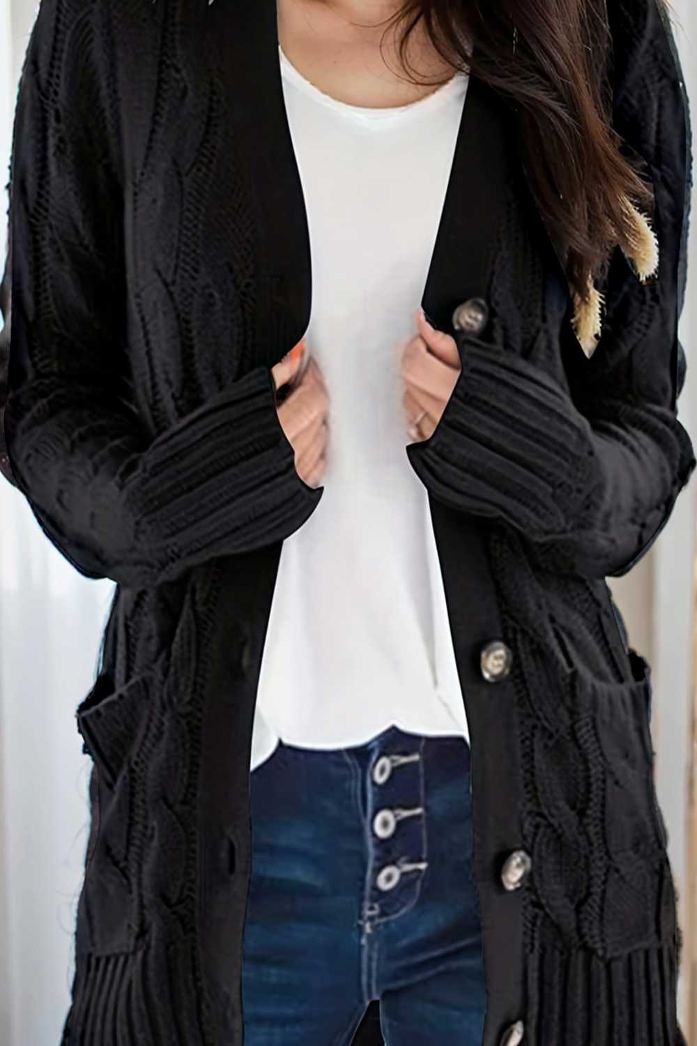 cozy cable knit button front long sleeve cardigan