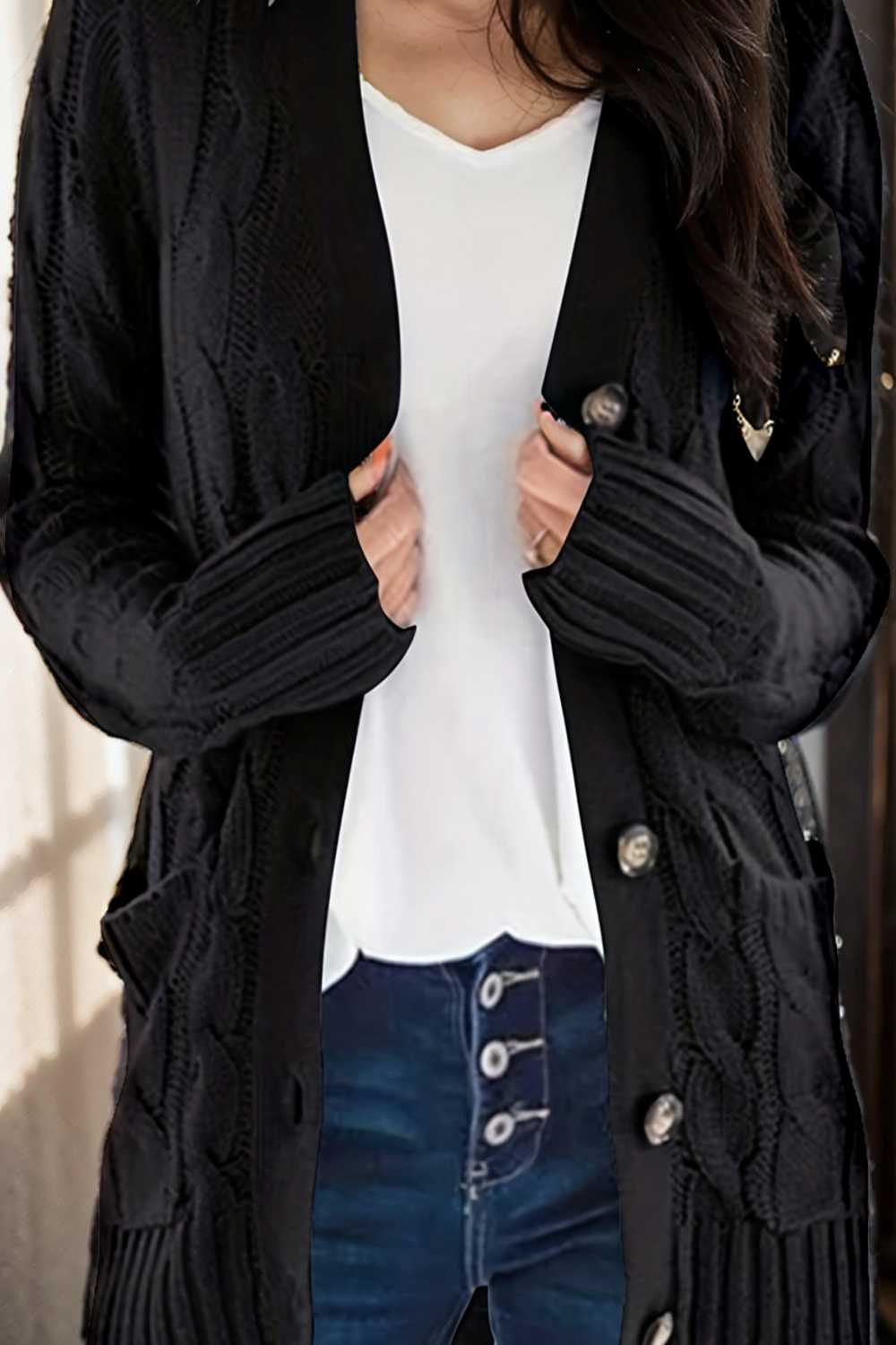 cozy cable knit button front long sleeve cardigan