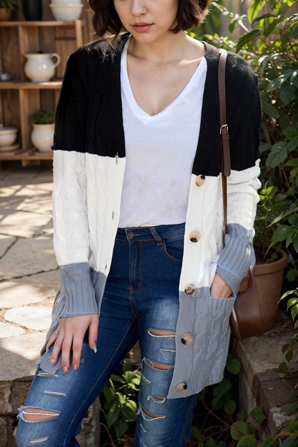 cozy cable knit button front long sleeve cardigan