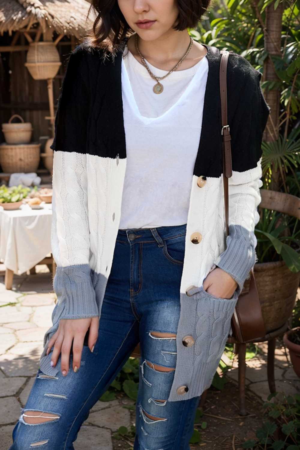 cozy cable knit button front long sleeve cardigan