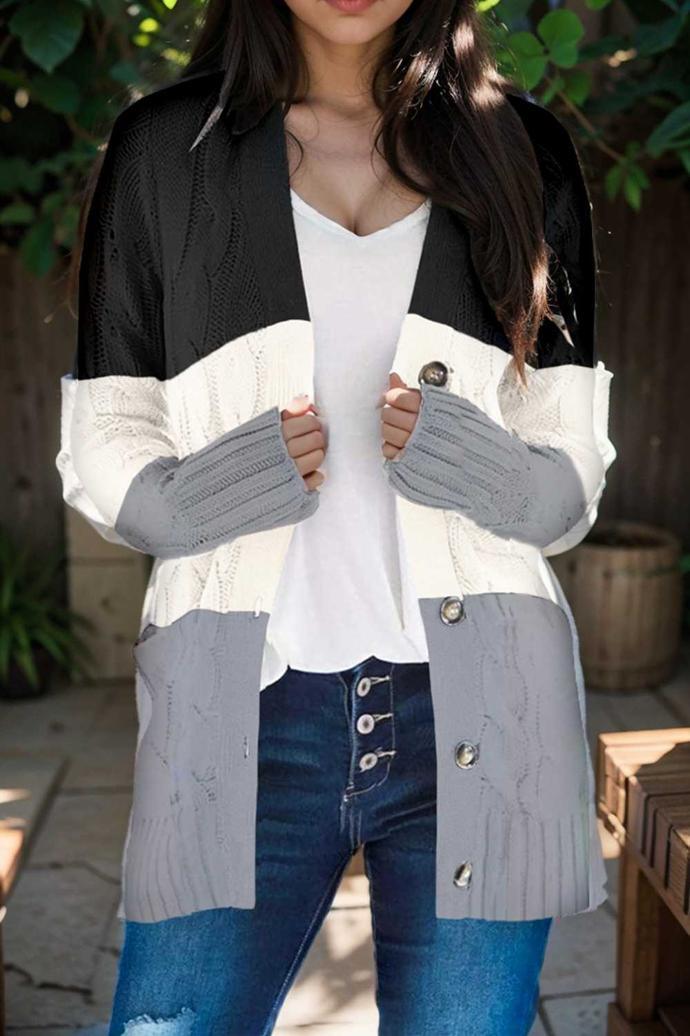 cozy cable knit button front long sleeve cardigan