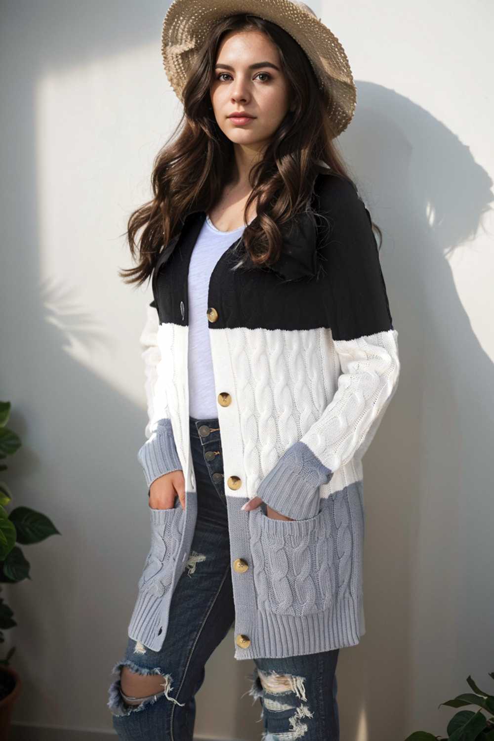 cozy cable knit button front long sleeve cardigan