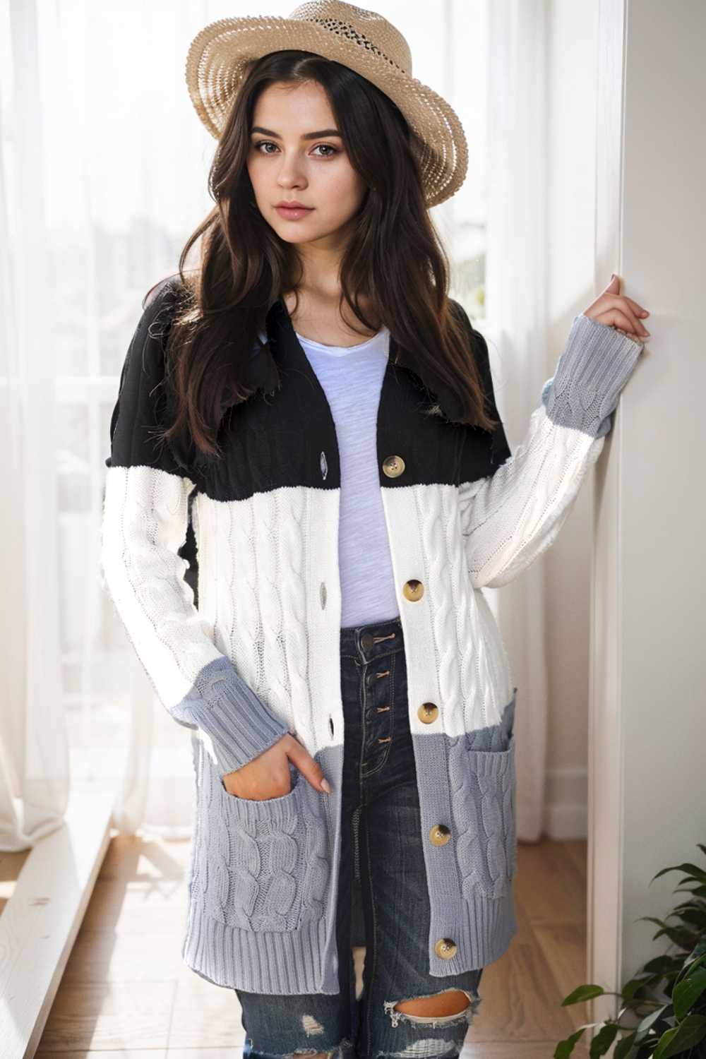 cozy cable knit button front long sleeve cardigan