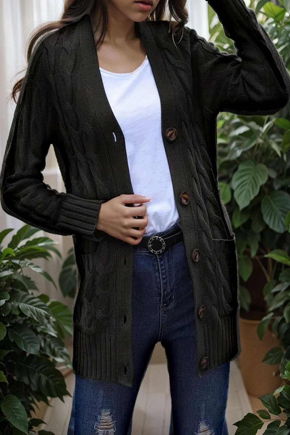 cozy cable knit button front long sleeve cardigan