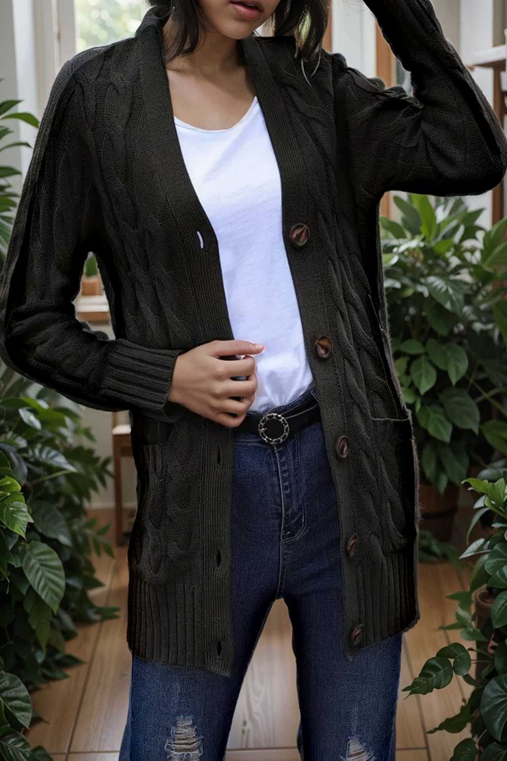 cozy cable knit button front long sleeve cardigan