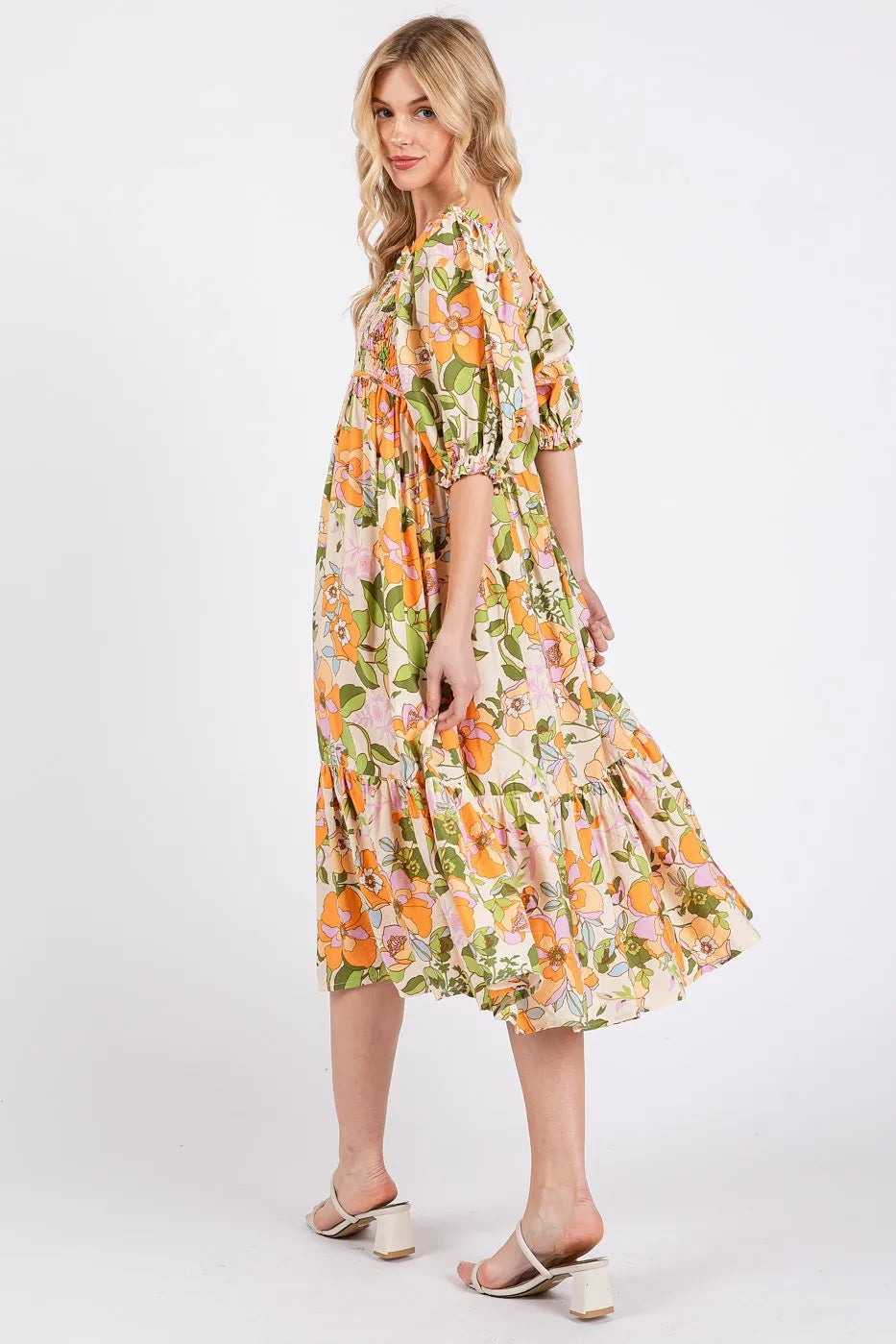 Petal Blossom Flower Print Puff Sleeve Ruffle Smocked Midi Dress