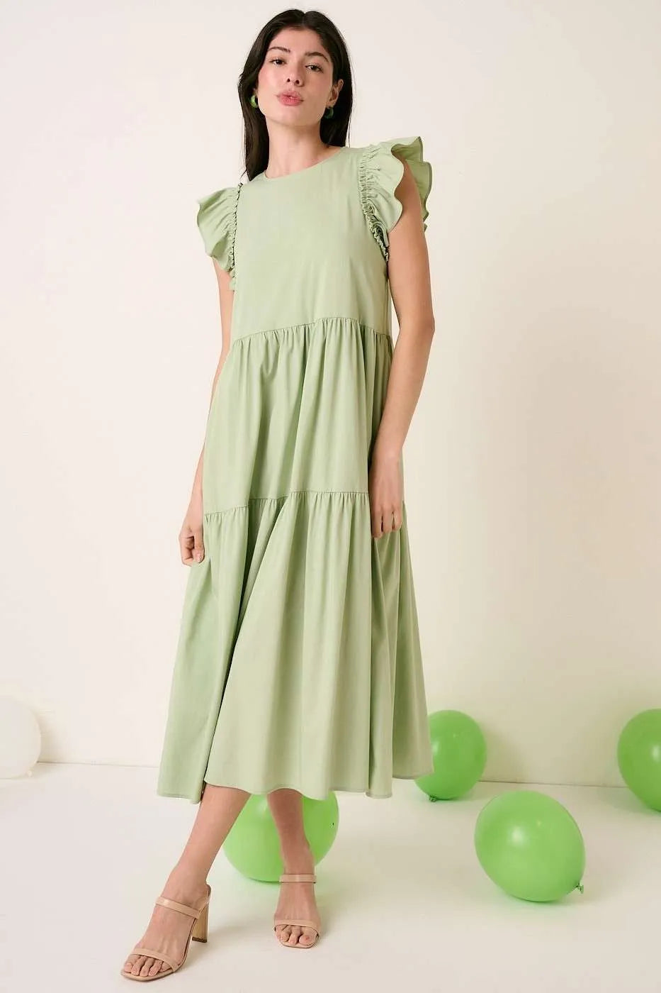 Evermore Sage Ruffle Short Sleeve Tiered Maxi Dress