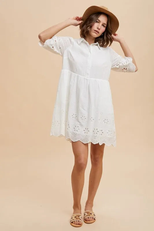 Eyelet Escape Embroidered Scallop Edge Detail Mini Shirt Dress