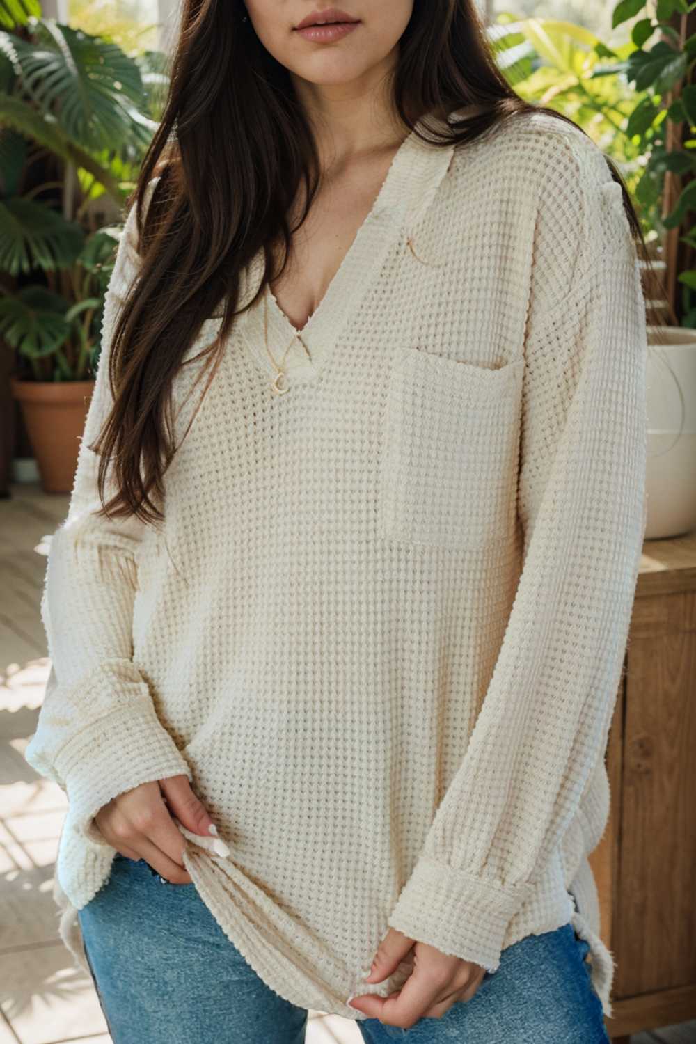deep v neck long sleeve knitted sweater