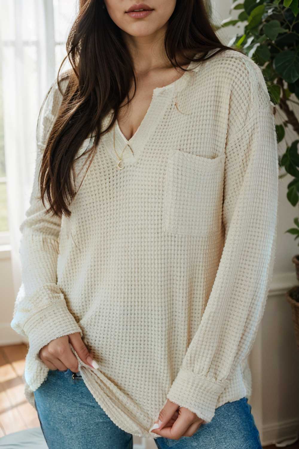 deep v neck long sleeve knitted sweater